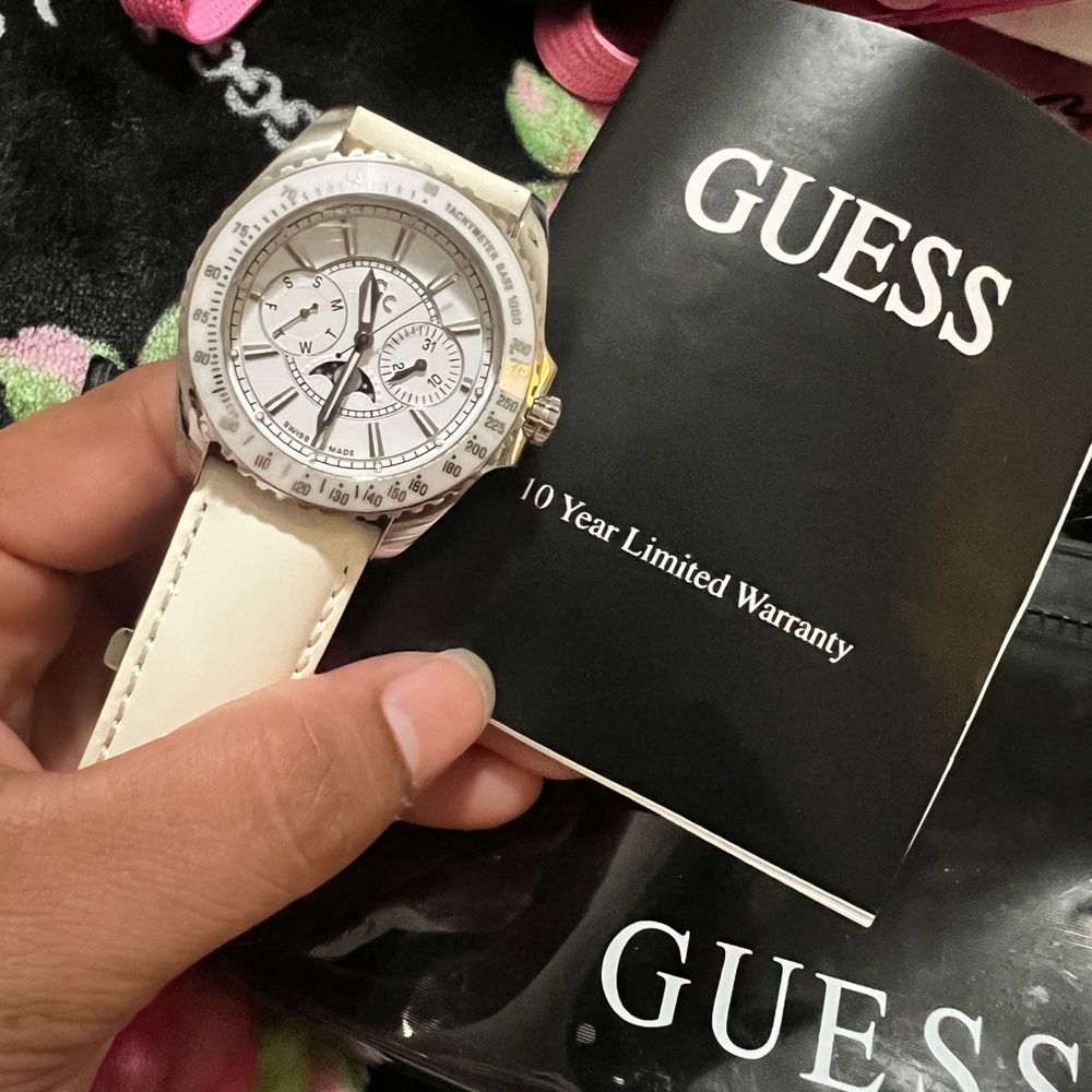 GUESS Silver and White Men's Watch